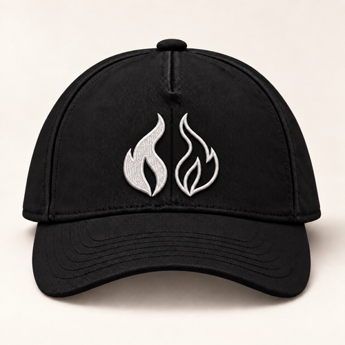 Front view of the black ORA Ash and Ember cap with paired flame embroidery on a neutral background.